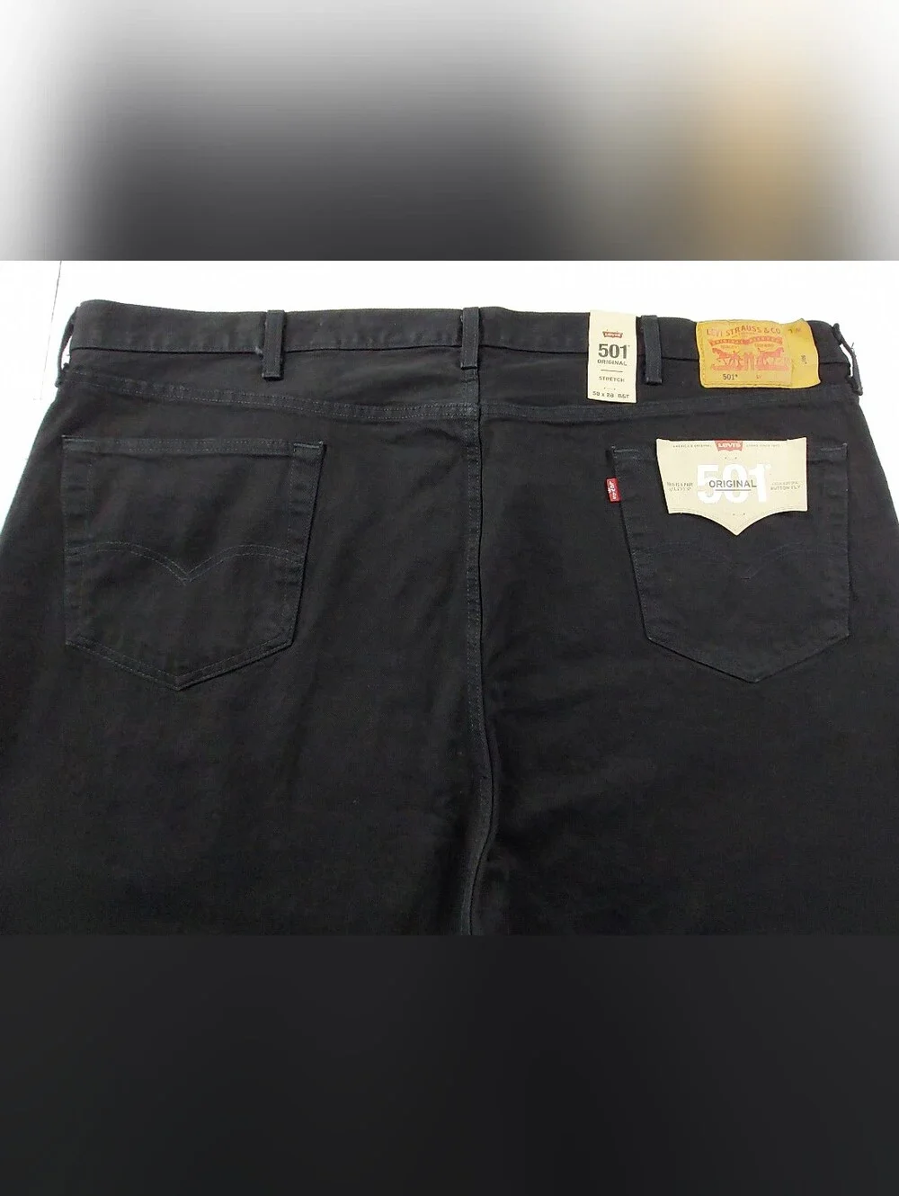Levis Button Fly 501 Jeans Mens 50x28 Original Black Denim Stretch NWT $69.50